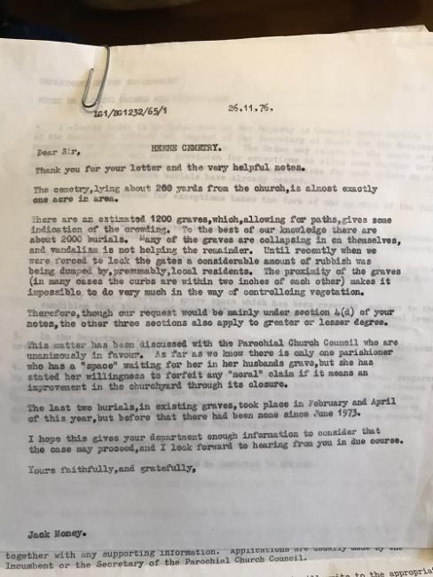 Letter from the Rector of Heene 26/11/1976