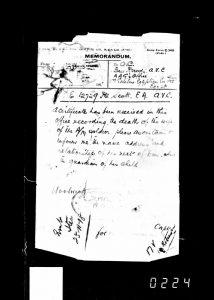 Image of the Army Forces Memorandum re Ethel Scutt death certificate received