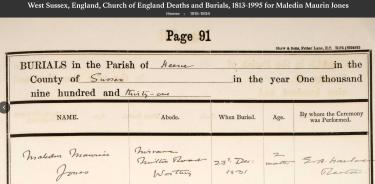Funeral Register Entry for Malcolm